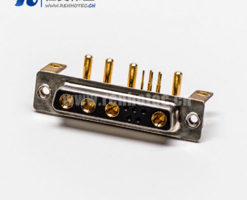 D SUB大电流接插件9W4弯式焊板带支架铆锁母座接PCB