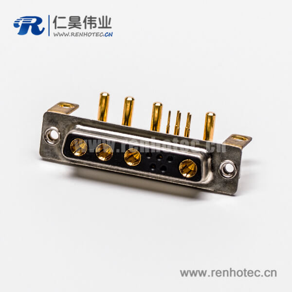 6 D SUB大电流接插件9W4弯式焊板带支架铆锁母座接PCB