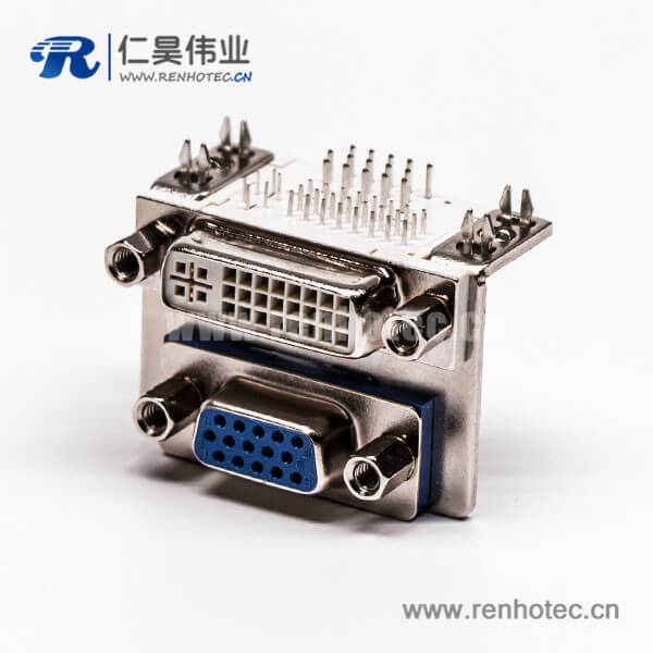 65 DVI接口与15针接口双胞胎蓝胶弯式母头接PCB板接插件