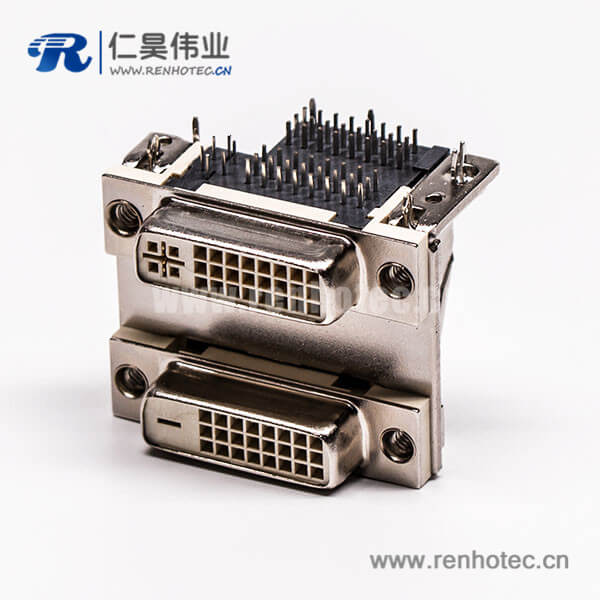 66 DVI 24 1与24 5针双胞胎白胶弯式鱼叉脚母头接PCB板接插件