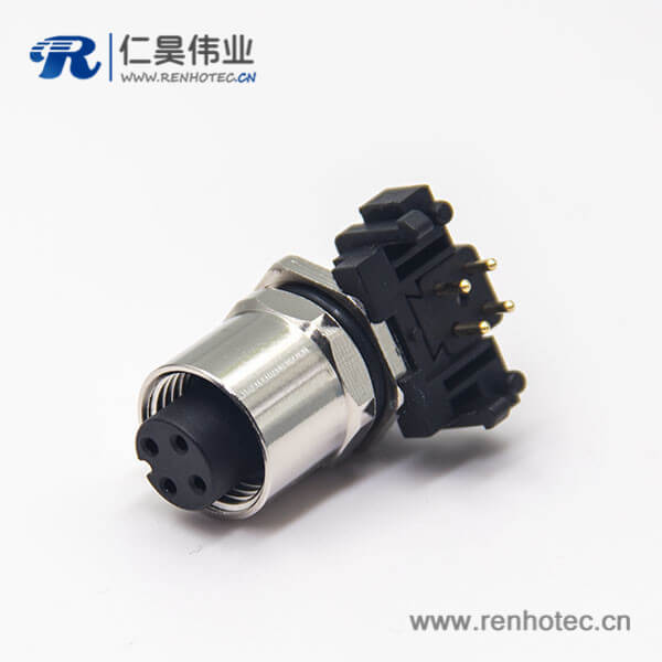 插板m12防水座弯脚4pin母头后锁板带屏蔽 插板m12防水座弯脚4pin母头后锁板带屏蔽