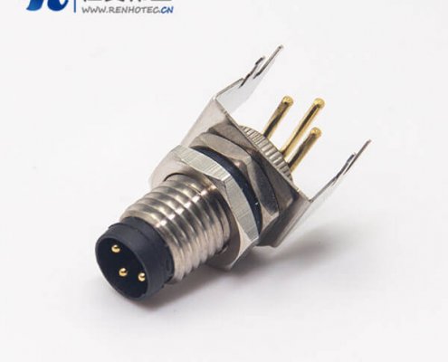 pcb板m8接头防水航空插座3pin带支架公头弯式前锁板面板安装穿孔式
