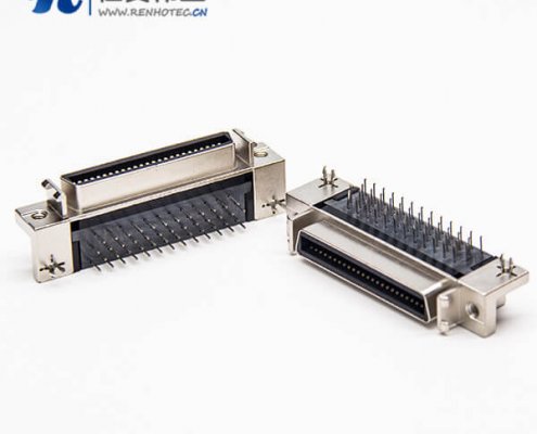 SCSI接插件弯式母头50pin针铆锁连接插PCB板带鱼叉脚