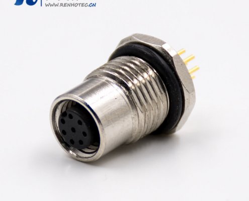 M12A型编码接插件母头直式接PCB板前锁板8芯板端插座传感器
